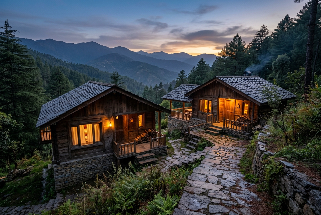 Dusk view of lighted wood cottages