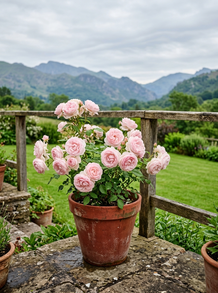 Beautiful pink roses in red clay pots next to cottage fence